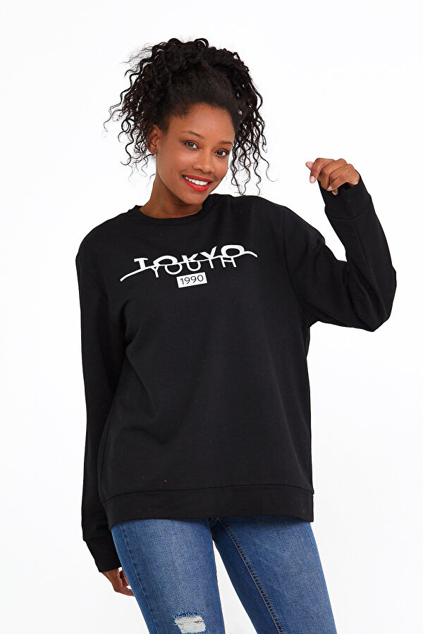 Kadın Bisiklet Yaka Regular Fit Tokya Baskılı İnce Sweatshirt SPR22SWK134