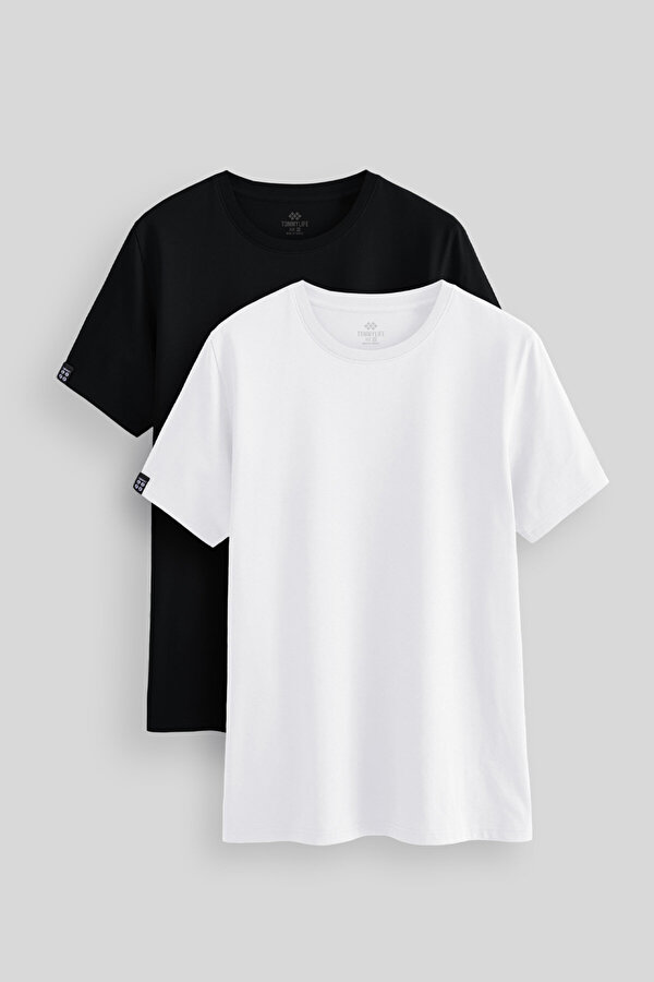 Standart Fit Basic O Yaka 2li Paket Siyah-Beyaz Erkek T-Shirt - 87911