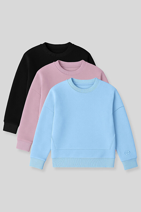 Oversize 3lü Paket Siyah-Gül Kurusu-Açık Mavi Kız Çocuk Sweatshirt - 75150