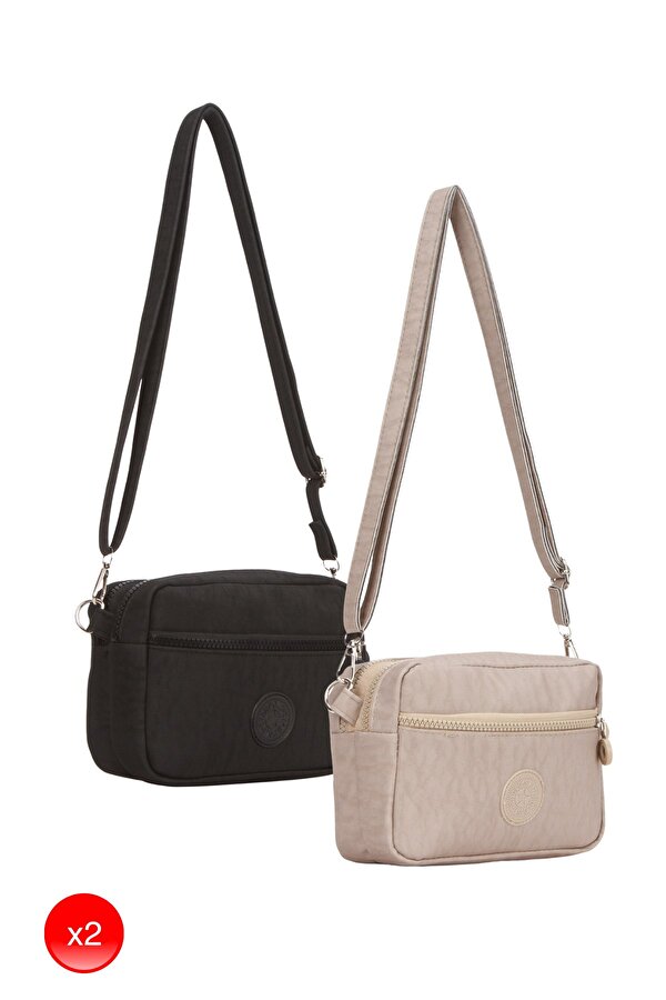 2 Adet Omuz Çantası Çapraz Askılı Günlük Üç Bölmeli Siyah ve Vizon Kadın Çanta