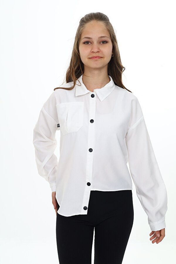 Toontoy Kız Çocuk Regular Fit Asimetrik Kalıp Düşük Omuz Uzun Kollu Basic Poplin Gömlek - Tek Cepli