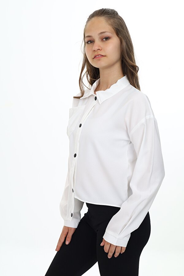 Toontoy Kız Çocuk Regular Fit Asimetrik Kalıp Düşük Omuz Uzun Kollu Basic Poplin Gömlek - Tek Cepli