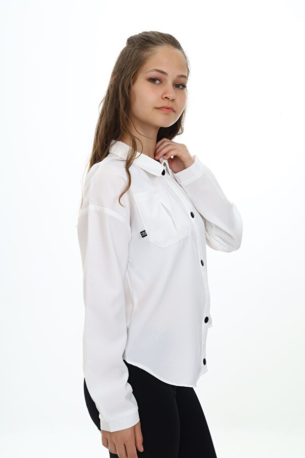 Toontoy Kız Çocuk Regular Fit Asimetrik Kalıp Düşük Omuz Uzun Kollu Basic Poplin Gömlek - Tek Cepli