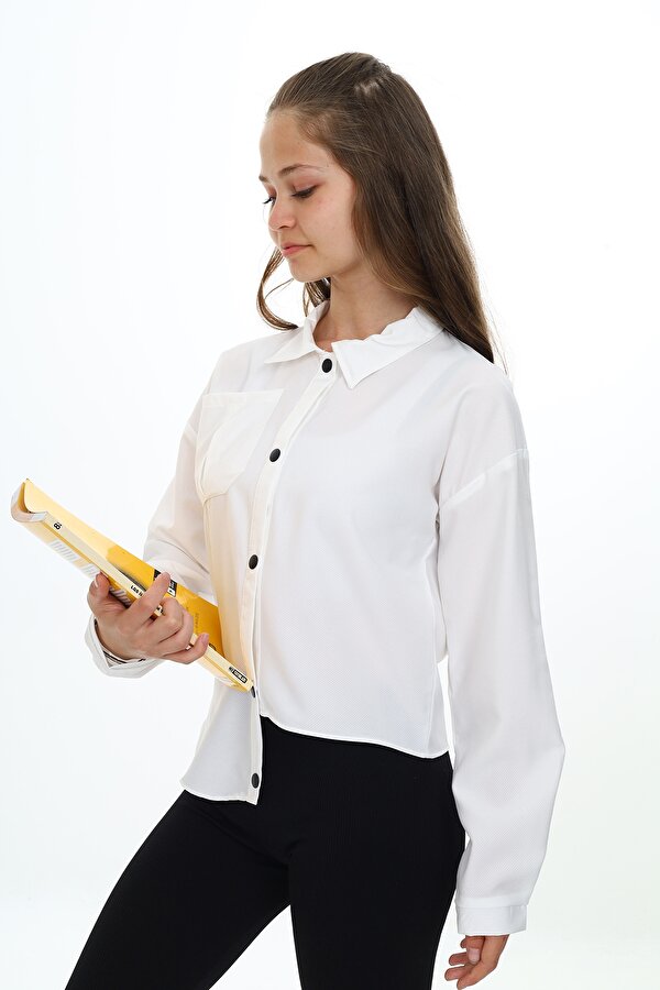 Toontoy Kız Çocuk Regular Fit Asimetrik Kalıp Düşük Omuz Uzun Kollu Basic Poplin Gömlek - Tek Cepli