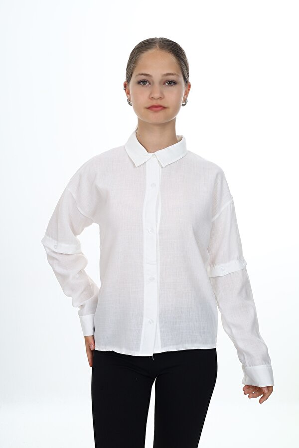 Toontoy Kız Çocuk Regular Fit Düşük Omuz Uzun Kollu Keten Görünümlü Dokuma Gömlek - Çıkarılabilir Kol