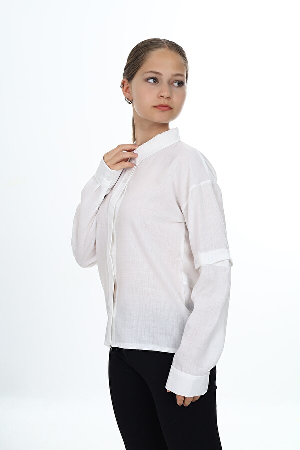 Toontoy Kız Çocuk Regular Fit Düşük Omuz Uzun Kollu Keten Görünümlü Dokuma Gömlek - Çıkarılabilir Kol