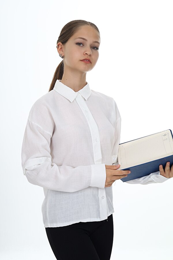 Toontoy Kız Çocuk Regular Fit Düşük Omuz Uzun Kollu Keten Görünümlü Dokuma Gömlek - Çıkarılabilir Kol