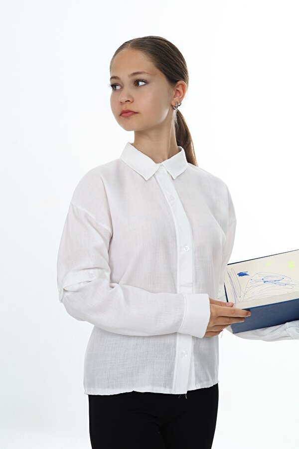 Toontoy Kız Çocuk Regular Fit Düşük Omuz Uzun Kollu Keten Görünümlü Dokuma Gömlek - Çıkarılabilir Kol