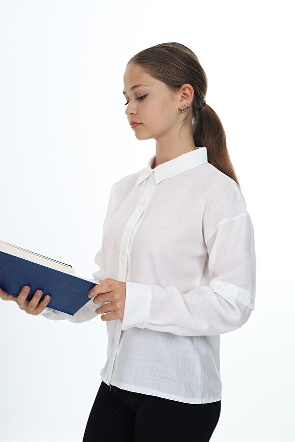 Toontoy Kız Çocuk Regular Fit Düşük Omuz Uzun Kollu Keten Görünümlü Dokuma Gömlek - Çıkarılabilir Kol