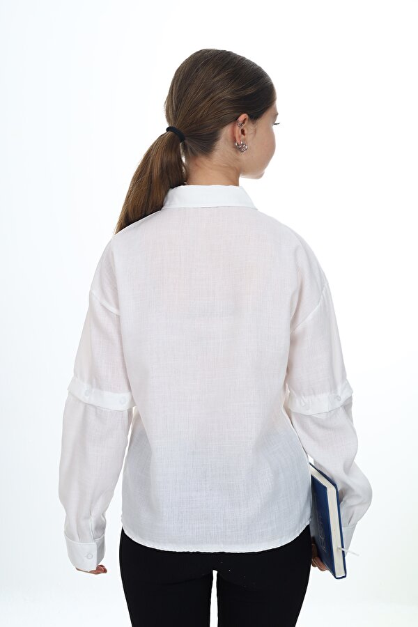 Toontoy Kız Çocuk Regular Fit Düşük Omuz Uzun Kollu Keten Görünümlü Dokuma Gömlek - Çıkarılabilir Kol