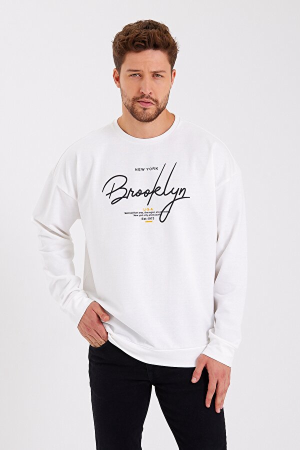 Erkek Bisiklet Yaka Regular Fit  El Yazılı Brooklyn İnce Sweatshirt SPR23SW331