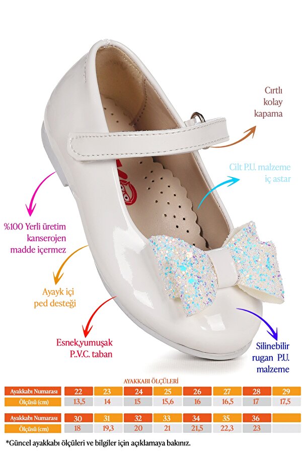 Babe Rugan Cırtlı Fiyonklu Kız Çocuk Babet Ayakkabı Beyaz