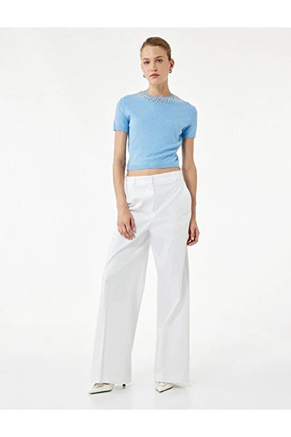 Viskon Karışımlı Boncuk Detaylı Kısa Kollu Triko Kadın Kazak 6WAK90062HT