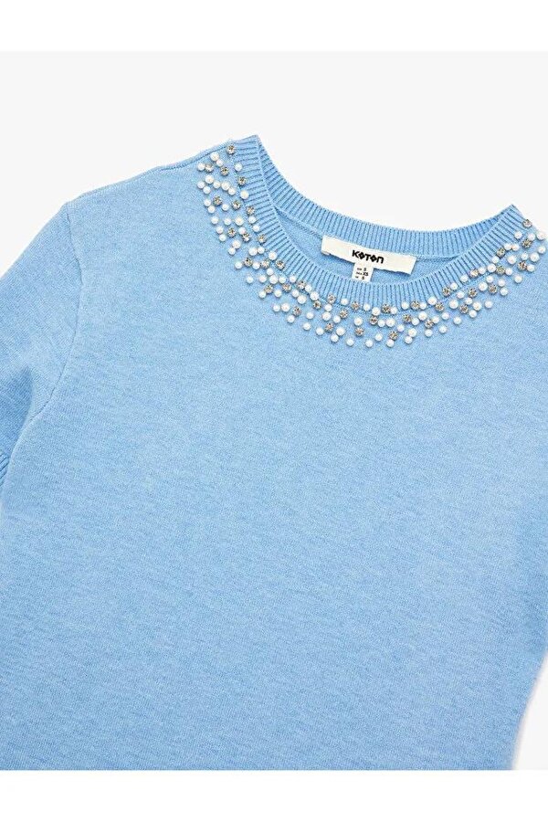 Viskon Karışımlı Boncuk Detaylı Kısa Kollu Triko Kadın Kazak 6WAK90062HT