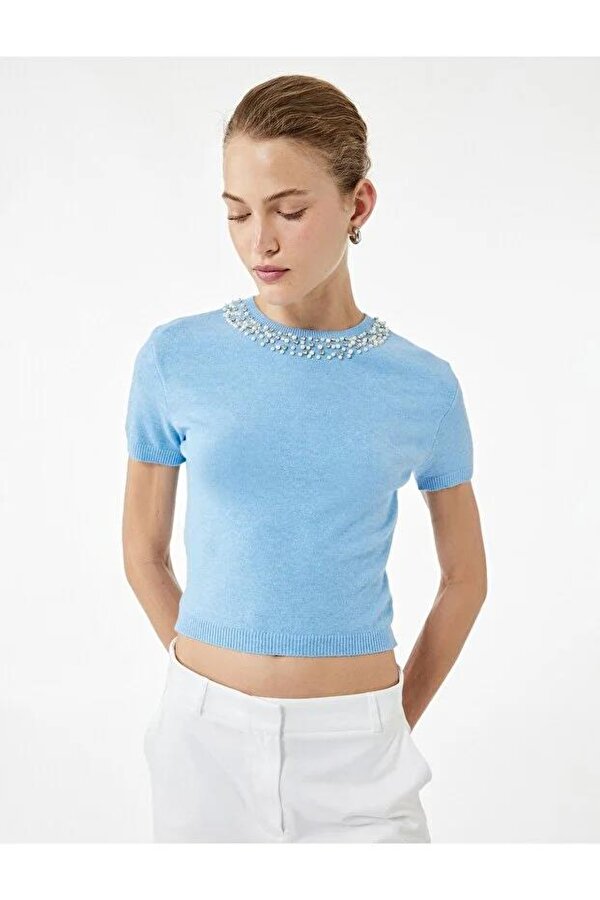 Viskon Karışımlı Boncuk Detaylı Kısa Kollu Triko Kadın Kazak 6WAK90062HT