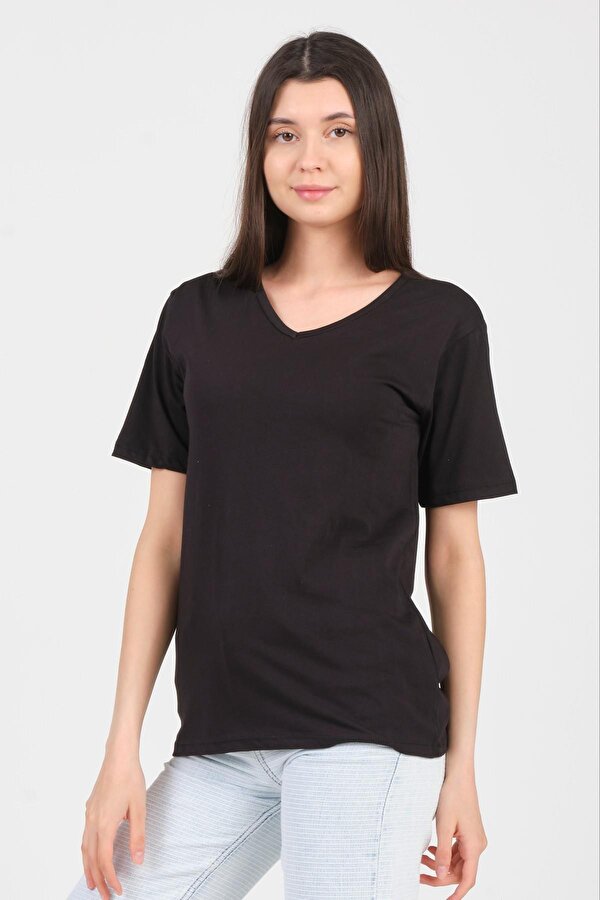 Siyah V Yaka Kısa Kol Örme Kadın T-Shirt