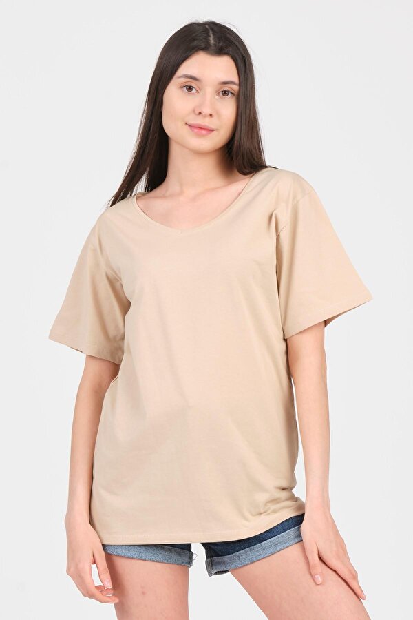 Bej V Yaka Kısa Kol Boyfriend Kadın T-Shirt