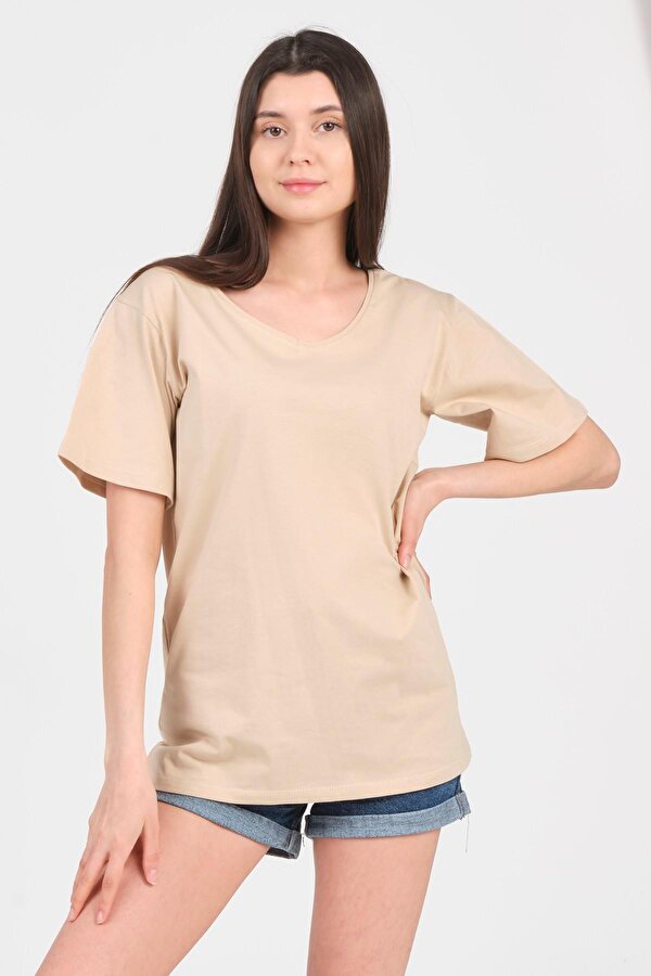 Bej V Yaka Kısa Kol Boyfriend Kadın T-Shirt