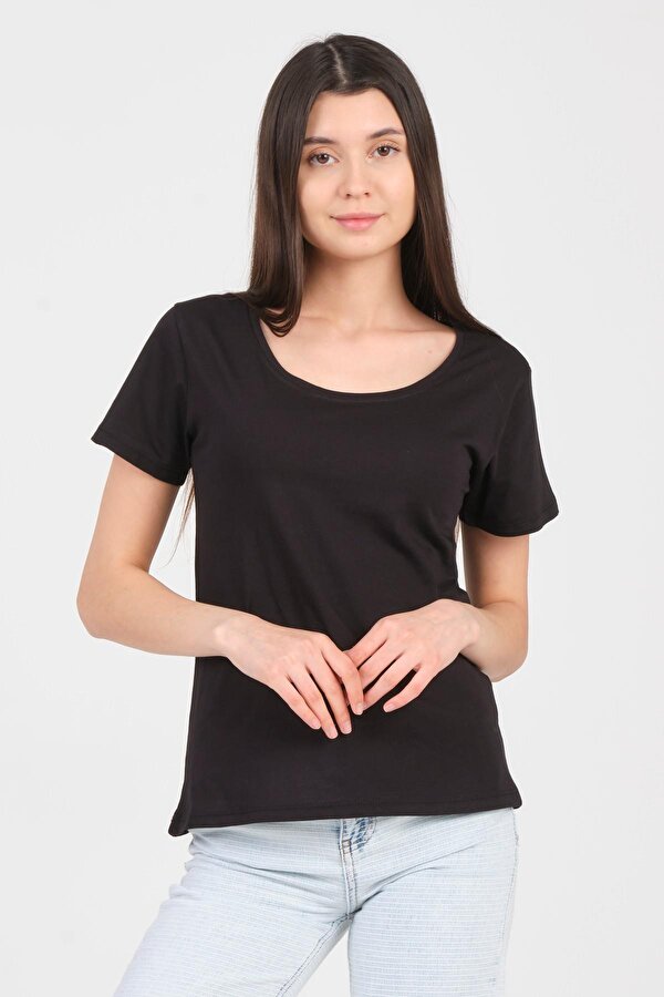 Siyah Kayık Yaka Kısa Kol Örme Kadın T-Shirt