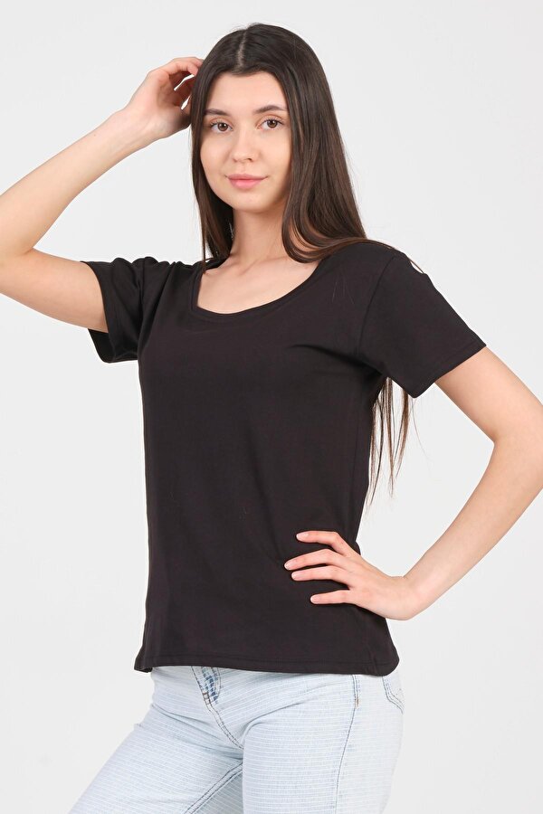 Siyah Kayık Yaka Kısa Kol Örme Kadın T-Shirt