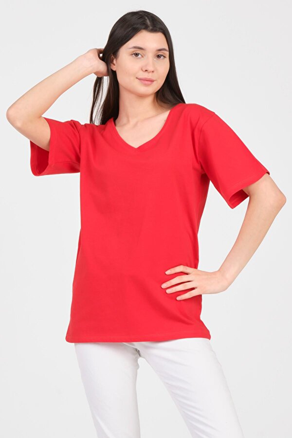 Kırmızı V Yaka Kısa Kol Boyfriend Kadın T-Shirt