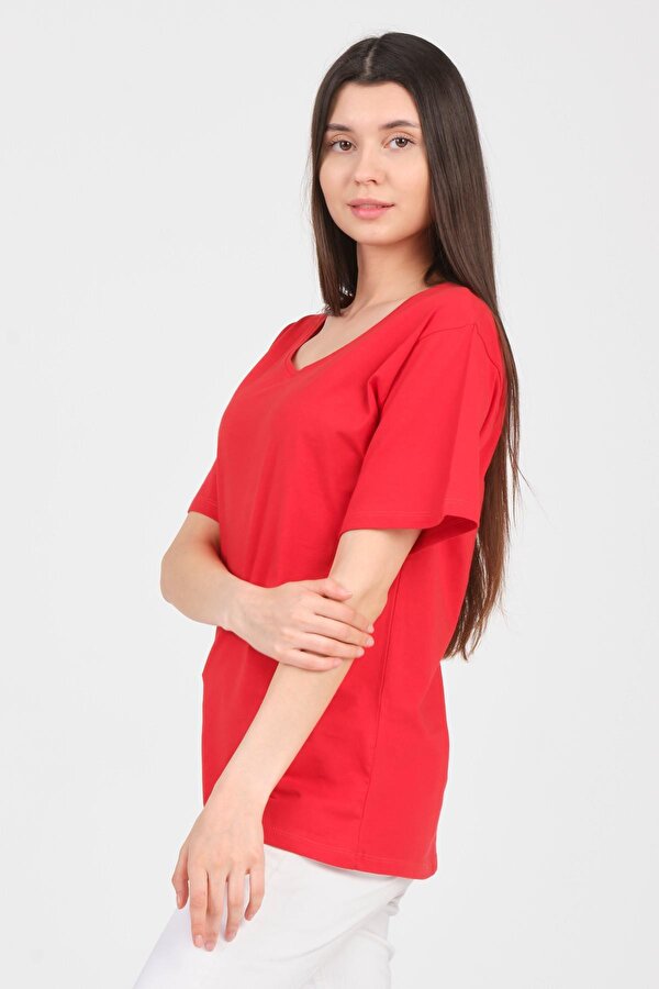 Kırmızı V Yaka Kısa Kol Boyfriend Kadın T-Shirt