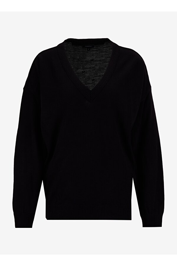 Siyah Kadın V Yaka Geniş Fit Düz Kazak POOLL