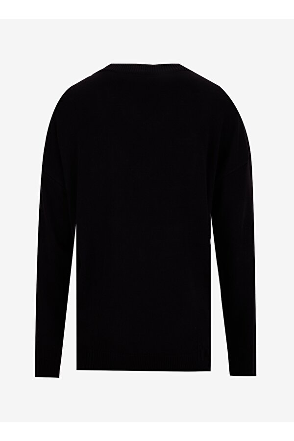 Siyah Kadın V Yaka Geniş Fit Düz Kazak POOLL