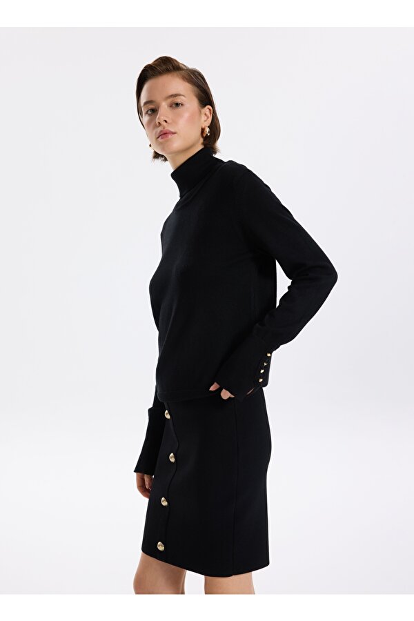 Siyah Kadın Balıkçı Yaka Düz Kazak REZZA