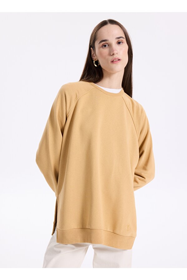Bisiklet Yaka Düz Deve Tüyü Kadın Sweatshırt FALU