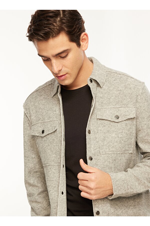 Relaxed Gömlek Yaka Düz Gri Melanj Erkek Gömlek F3WM-GML116