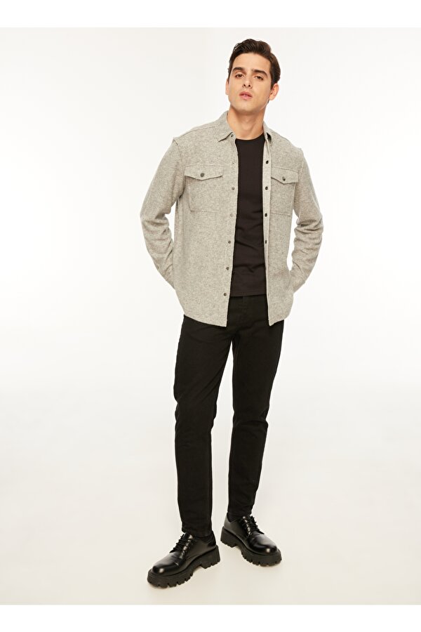 Relaxed Gömlek Yaka Düz Gri Melanj Erkek Gömlek F3WM-GML116