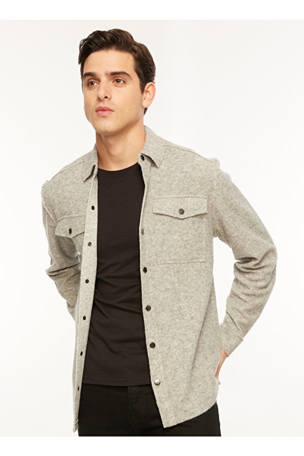 Relaxed Gömlek Yaka Düz Gri Melanj Erkek Gömlek F3WM-GML116