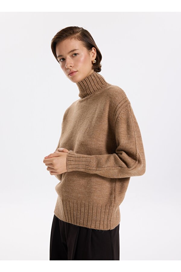 Dik Yaka Basic Düz Bej Kazak Kadın F3WL-KZK14