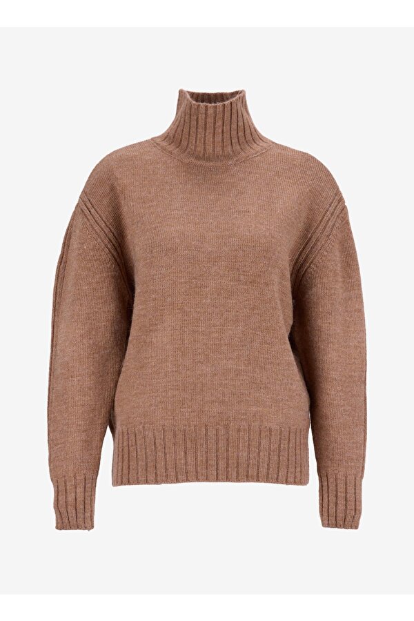 Dik Yaka Basic Düz Bej Kazak Kadın F3WL-KZK14