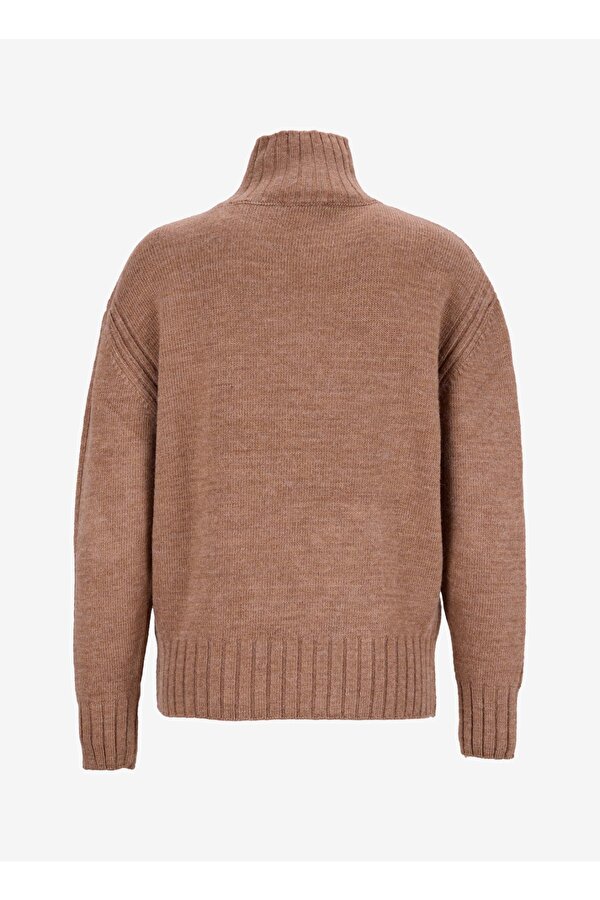 Dik Yaka Basic Düz Bej Kazak Kadın F3WL-KZK14