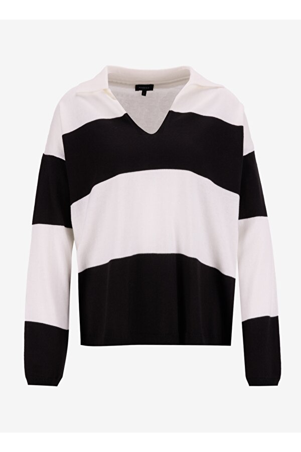 Polo Yaka Rahat Çizgili Siyah - Beyaz Kazak Kadın F3WL-KZK2