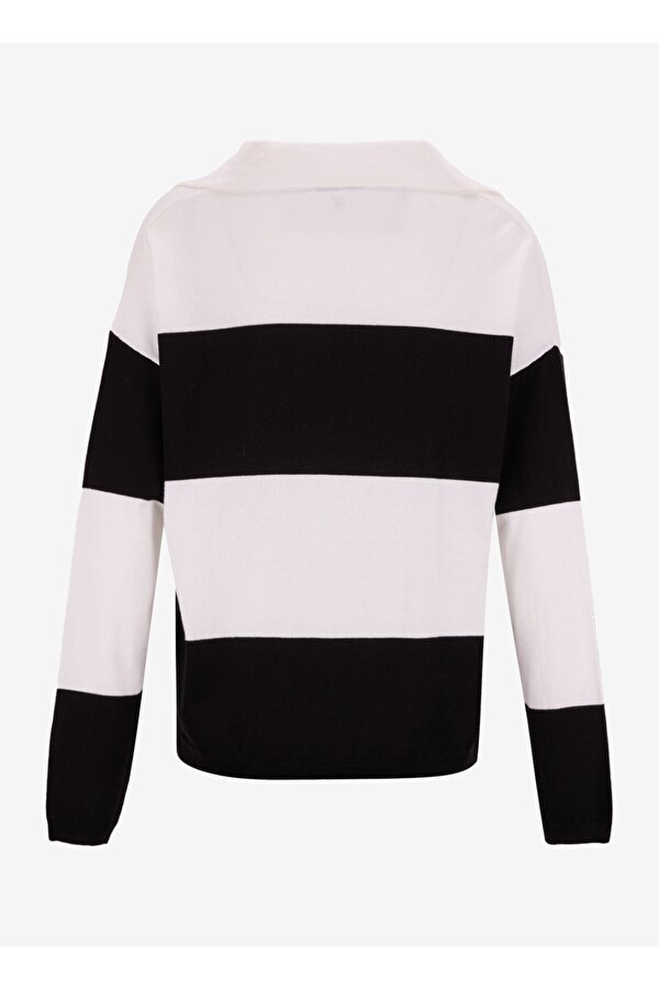 Polo Yaka Rahat Çizgili Siyah - Beyaz Kazak Kadın F3WL-KZK2