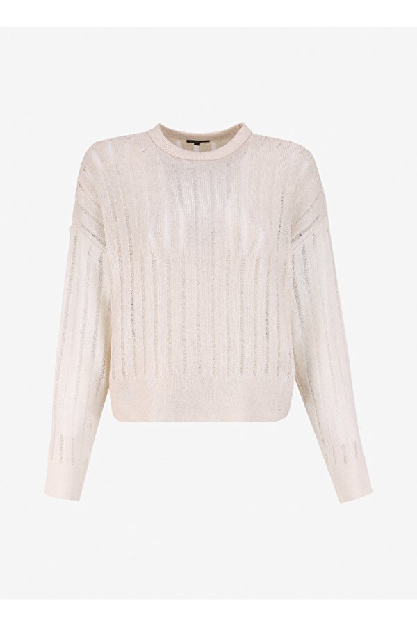 Bisiklet Yaka Geniş Fit Varaklı Beyaz - Gümüş Kazak Kadın F4WL-KZK0607