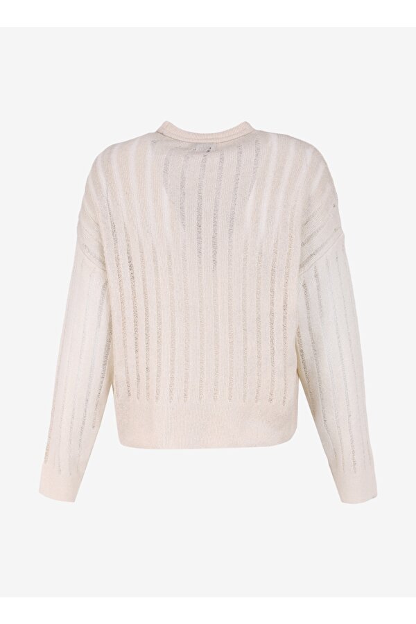 Bisiklet Yaka Geniş Fit Varaklı Beyaz - Gümüş Kazak Kadın F4WL-KZK0607