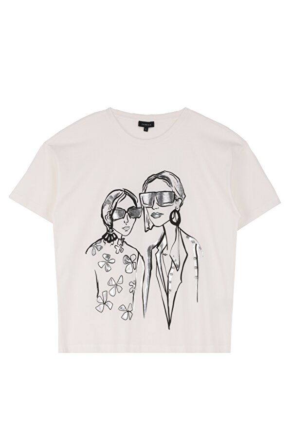 Kırık Beyaz Kadın Bisiklet Yaka Basic Baskılı T-Shirt F4WL-TST0302