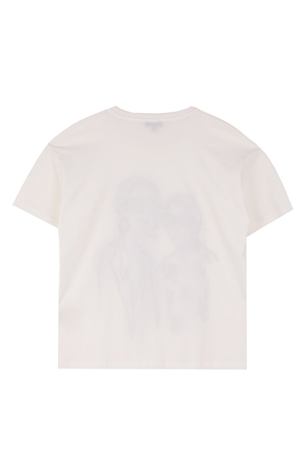 Kırık Beyaz Kadın Bisiklet Yaka Basic Baskılı T-Shirt F4WL-TST0302