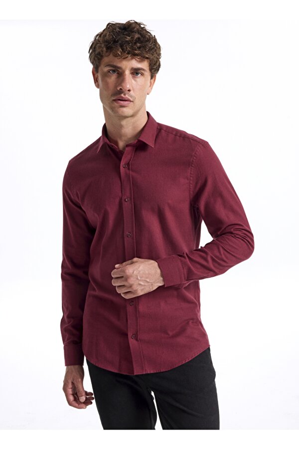Slim Fit Gömlek Yaka Düz Bordo Erkek Gömlek F5WM-GML 2574