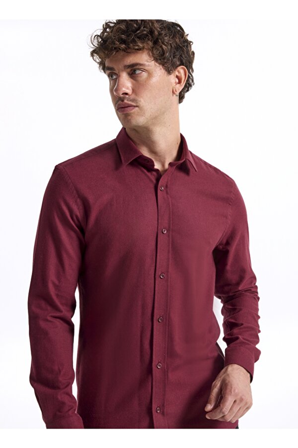 Slim Fit Gömlek Yaka Düz Bordo Erkek Gömlek F5WM-GML 2574