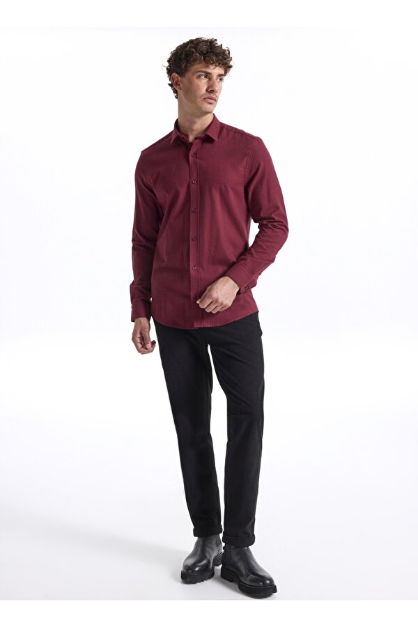 Slim Fit Gömlek Yaka Düz Bordo Erkek Gömlek F5WM-GML 2574