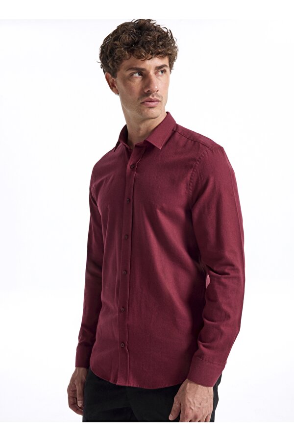 Slim Fit Gömlek Yaka Düz Bordo Erkek Gömlek F5WM-GML 2574