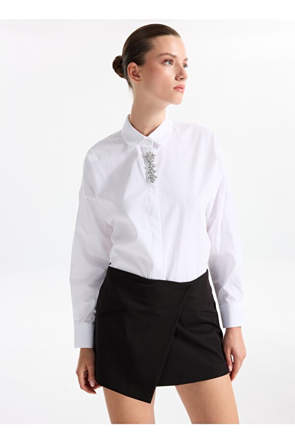 Oversize Gömlek Yaka Taşlı Beyaz Kadın Gömlek F5WL-GML0098