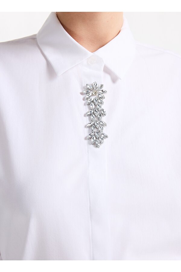 Oversize Gömlek Yaka Taşlı Beyaz Kadın Gömlek F5WL-GML0098