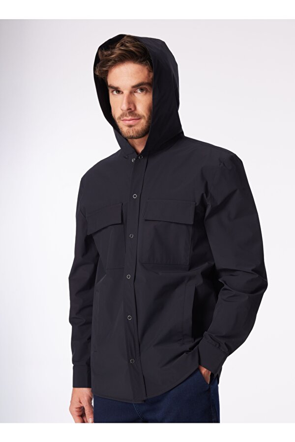Lacivert Erkek Kapüşonlu Loose Fit  Su İtici - Bi Strech Gömlek F4SM-GML 0113