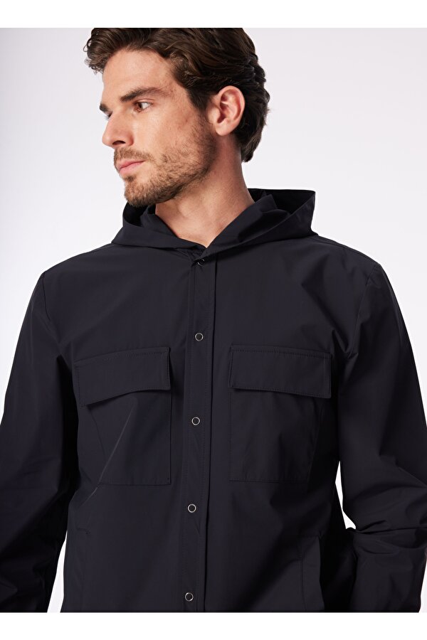 Lacivert Erkek Kapüşonlu Loose Fit  Su İtici - Bi Strech Gömlek F4SM-GML 0113